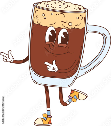 Cartoon retro groovy beer glass drink character. Oktoberfest alcohol drink tankard vector happy mascot, brewery ale mug or bar beer glass cup personage, pub alcohol drink tankard cute character