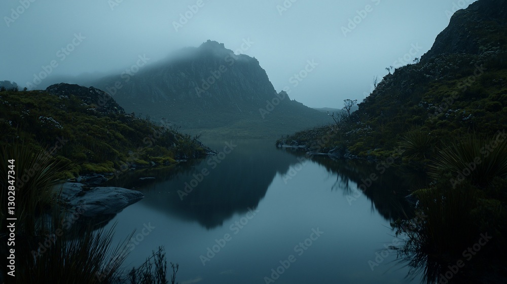 Misty mountain lake reflection at dawn. Misty mountain lake reflection at dawn.