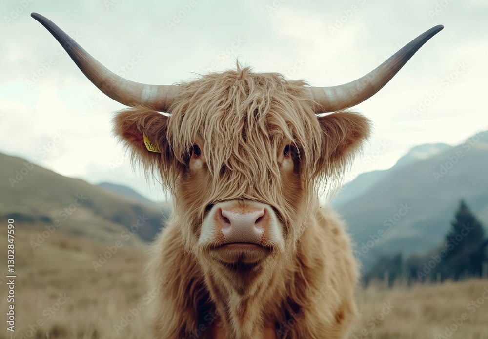 Highland Cow Portrait in Natural Landscape with Dramatic Background Highland Cow Portrait in Natural Landscape with Dramatic Background