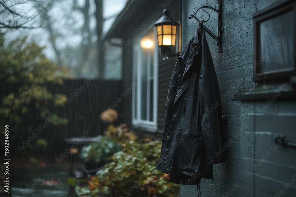 Rainy Day Getaway: A lonely jacket hangs outside a cozy home, beckoning you indoors from the downpour, creating a feeling of escape. Rainy Day Getaway: A lonely jacket hangs outside a cozy home, beckoning you indoors from the downpour, creating a feeling of escape.