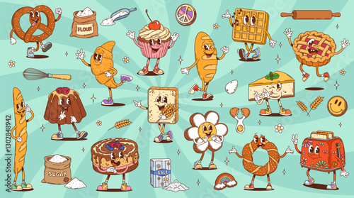 Groovy bakery and desserts characters. Cartoon vector bread, pastries, waffle, pretzel, croissant and cupcake. Pie, baguette, cake, toast, cheesecake, cinnamon roll and bagel baking food personages