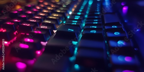 Gaming Keyboard: A close-up shot of a gaming keyboard, with keys illuminated in vibrant RGB colors, showcasing its modern design and technological sophistication.