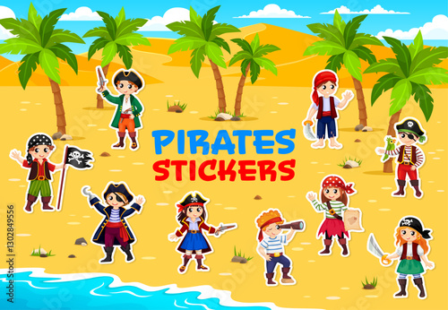 Cartoon kid pirate characters stickers pack. Vector patches with funny children corsair, rover, captain, sailor, boatswain and swashbuckler on secret island with sandy beach, palm trees and sea waves