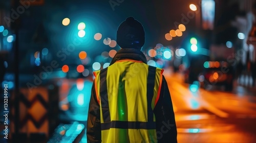 Nighttime Safety Vigil: A Road Worker in Action
