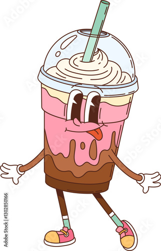 Groovy fast food milkshake drink dessert character. Takeaway cold dessert beverage plastic cup with lid and straw groovy vector personage. Fast food cafe sweet milk drink isolated cheerful character