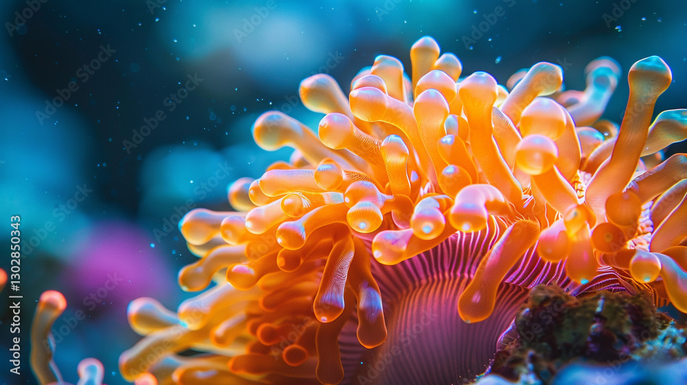 Fototapeta premium Macro shot of vibrant coral polyps underwater, natural bioluminescence