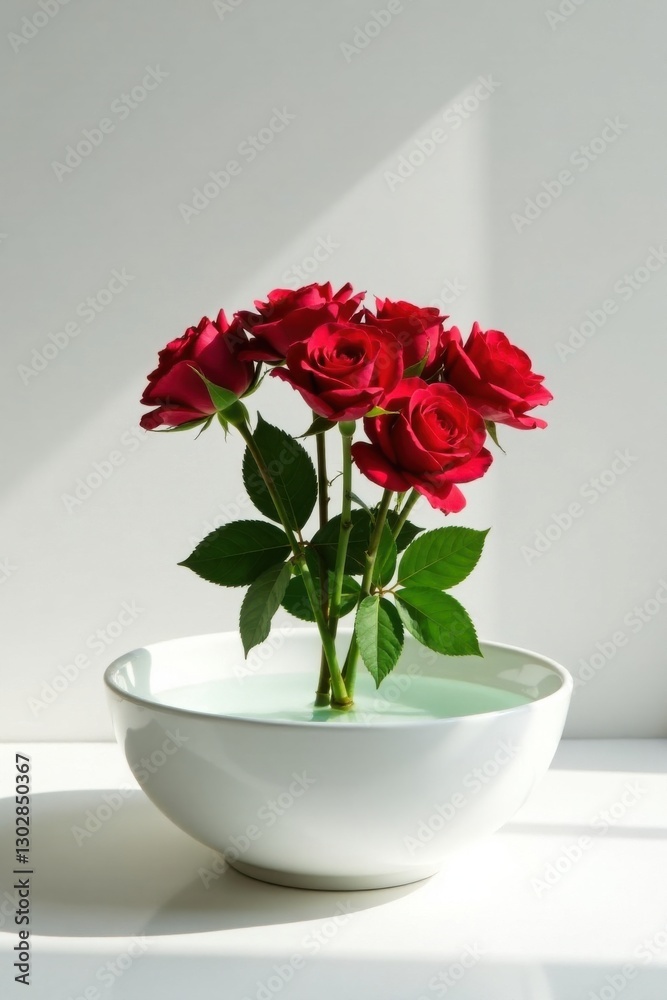 Fototapeta premium A cluster of vibrant red roses, elegantly arranged in a pristine white bowl filled with refreshing water, bathed in soft sunlight.