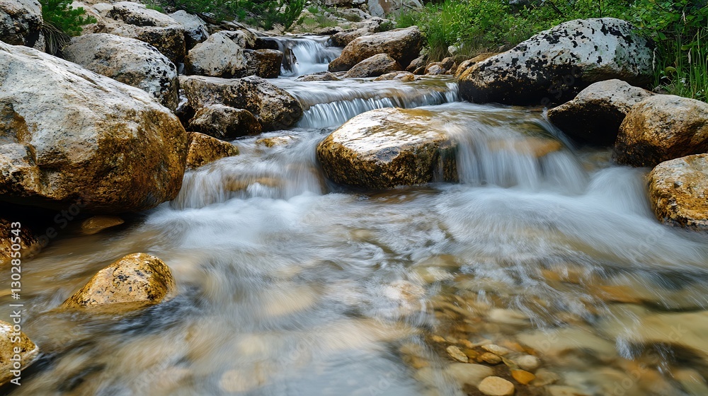 Flowing stream surrounded by lush greenery natural landscape organic environment tranquil scene Flowing stream surrounded by lush greenery natural landscape organic environment tranquil scene