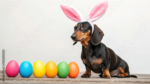 Easter Egg with pet concept. A dachshund wearing bunny ears next to colorful Easter eggs.