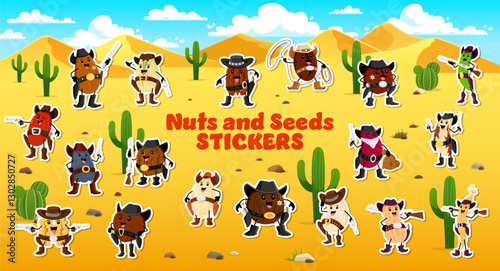 Cartoon nut cowboy, ranger, sheriff and bandit characters, vector stickers pack. Wild West stickers of funny peanut Western cowboy, coconut and walnut sheriff with cashew and pistachio bandit ranger