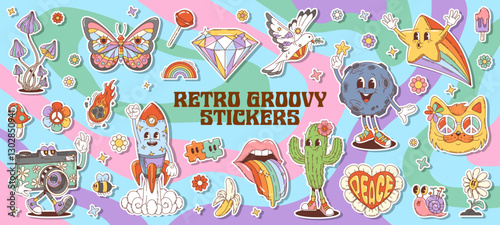 70s 80s retro groovy characters and hippie stickers pack. Cartoon vector peace symbol, rainbow and mushroom, butterfly, diamond, dove and shooting star. Moon, rocket, flaming comet or cactus patches