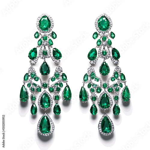  A watercolor painting of emerald earrings, isolated on a white background.