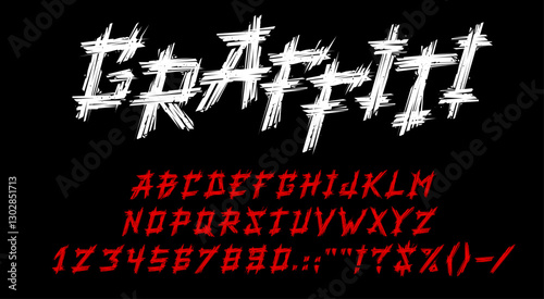 Dirt graffiti font, street cyberpunk type, rock music typeface, grunge english alphabet vector typography. Paint brush stroke letters and numbers with rough texture. Street art graffiti font alphabet
