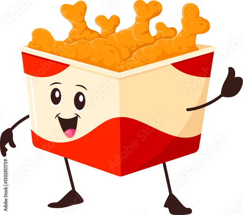 Cartoon funny fried chicken legs box fast food character giving a thumbs up. Vector bucket of chicken drumsticks inviting for tasting and enjoying treats. Happy positive fastfood, junk meal personage