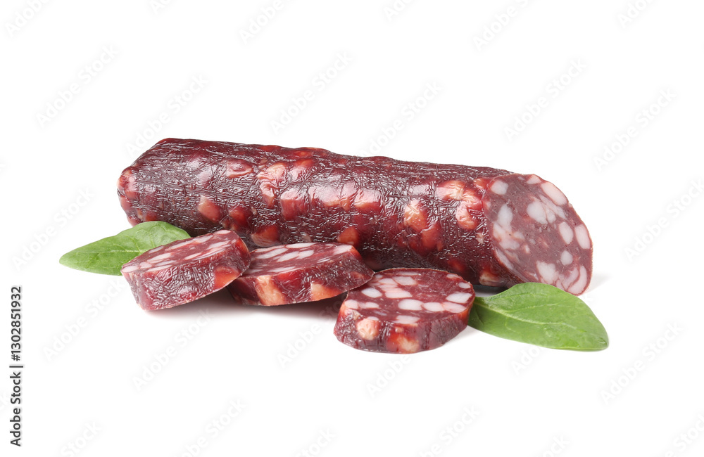 Delicious dry cured sausage and spinach isolated on white Delicious dry cured sausage and spinach isolated on white