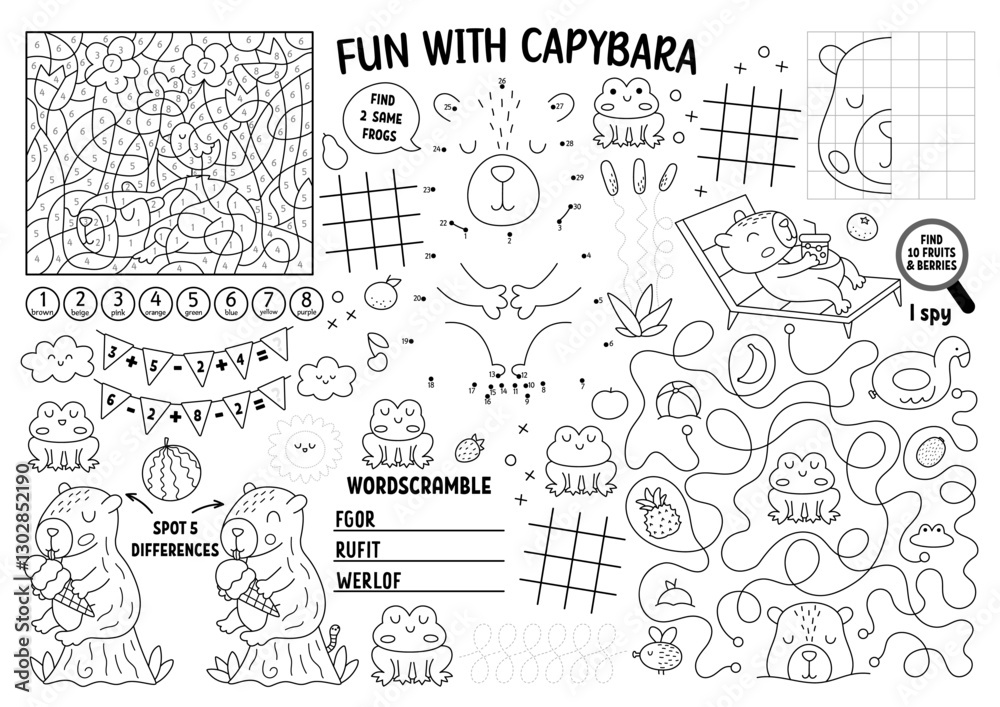 Vector capybara placemat for kids. Capibara printable activity mat with maze, tic tac toe charts, connect the dots, find difference. Cute relaxing animals black and white play mat or coloring page Vector capybara placemat for kids. Capibara printable activity mat with maze, tic tac toe charts, connect the dots, find difference. Cute relaxing animals black and white play mat or coloring page