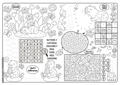 Vector black and white capybara placemat. Capibara line printable activity mat with maze, word search puzzle, shadow match, find difference. Cute play mat, menu, kids magazine, coloring page