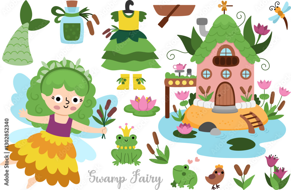 Vector swamp fairy clipart set. Cute icons of girl with wings. Woodland princess collection. Fantasy, fairytale forest illustrations. Magic creature pack with mermaid, frog, house, reed, water lily