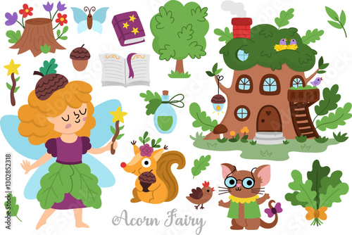 Vector acorn fairy clipart set. Cute icons of girl . Woodland princess collection. Fantasy, fairytale forest illustrations. Magic creature pack with butterfly, house, tree, spell book, animal