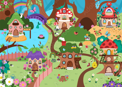 Vector empty fairyland background. Cute fairy land landscape. Woodland scenery with trees, treehouses, animals. Fantasy forest scene illustration. Magic or fairytale world picture