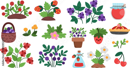 Vector cartoon berry clipart set. Woodland or garden plants icons collection. Forest nature illustrations with strawberry, cranberry, raspberry, blackberry, jam, basket. Cottage core harvest pack
