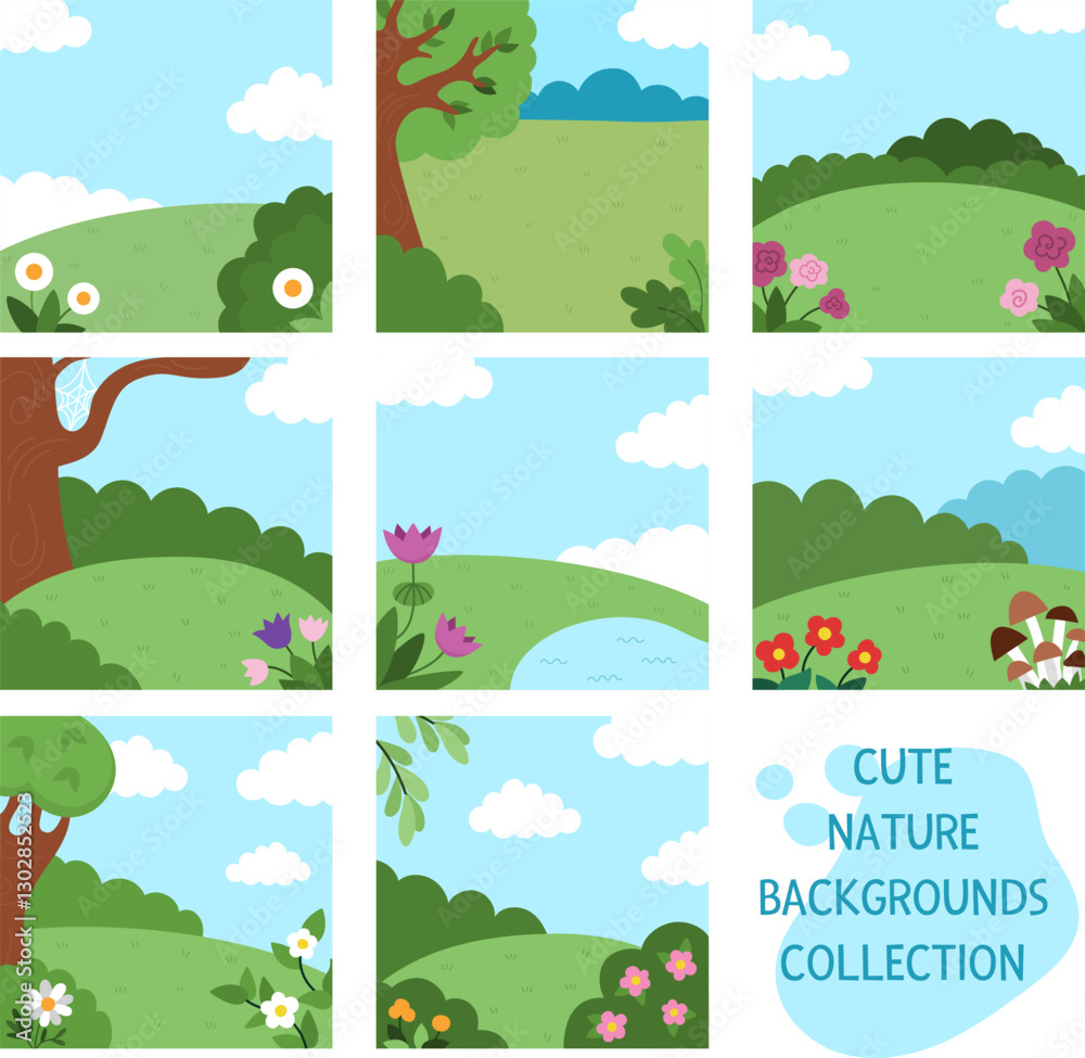 Naklejka premium Vector square nature backgrounds set. Country, farm or village landscape collection. Cute scenery with meadow, trees, sky, flowers, clouds. Forest or woodland scene illustration for kids