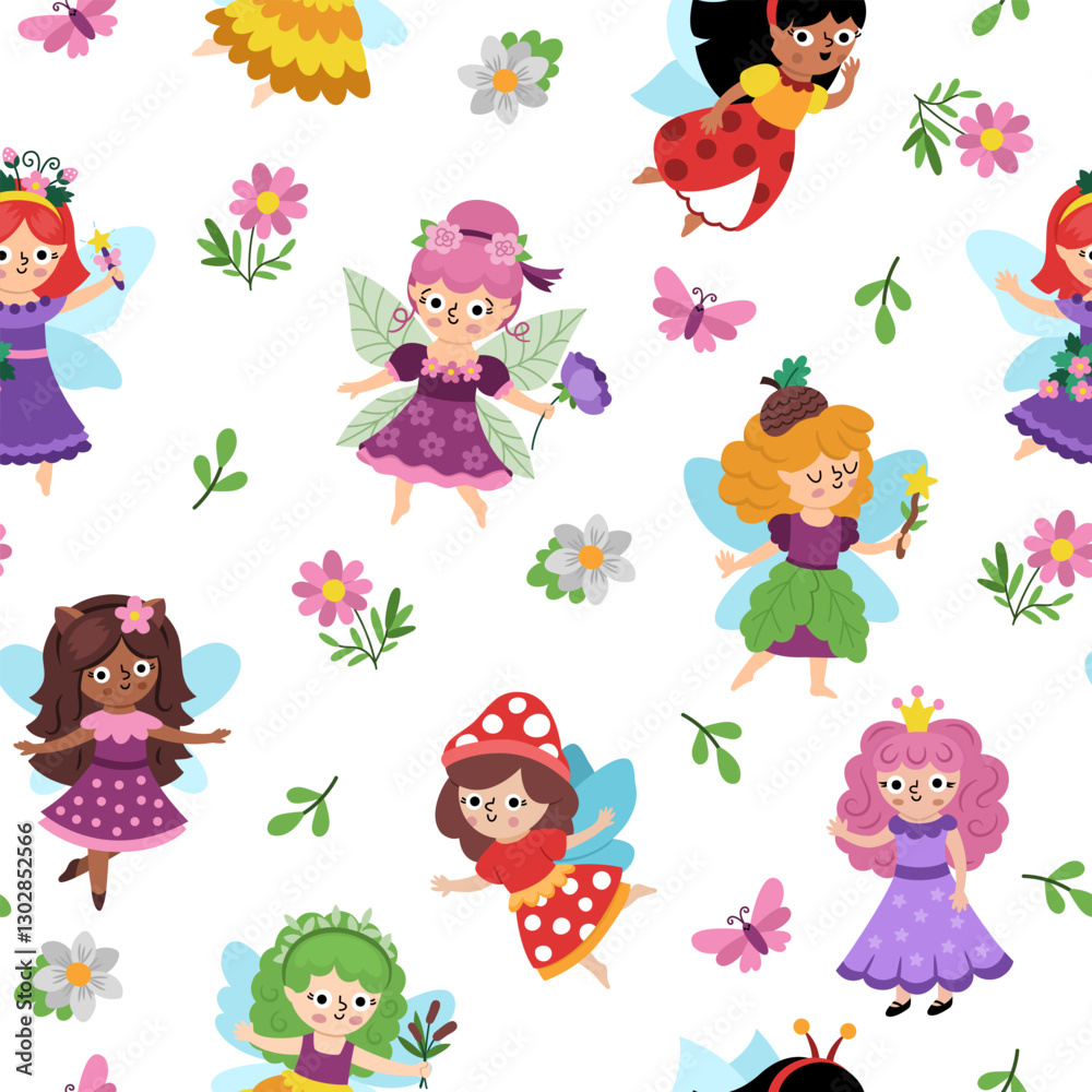 Naklejka premium Vector fairy seamless pattern. Cute repeat background with little girls with wings. Woodland princess digital paper. Fantasy forest, magic texture with acorn, mushroom, unicorn, fairytale creatures