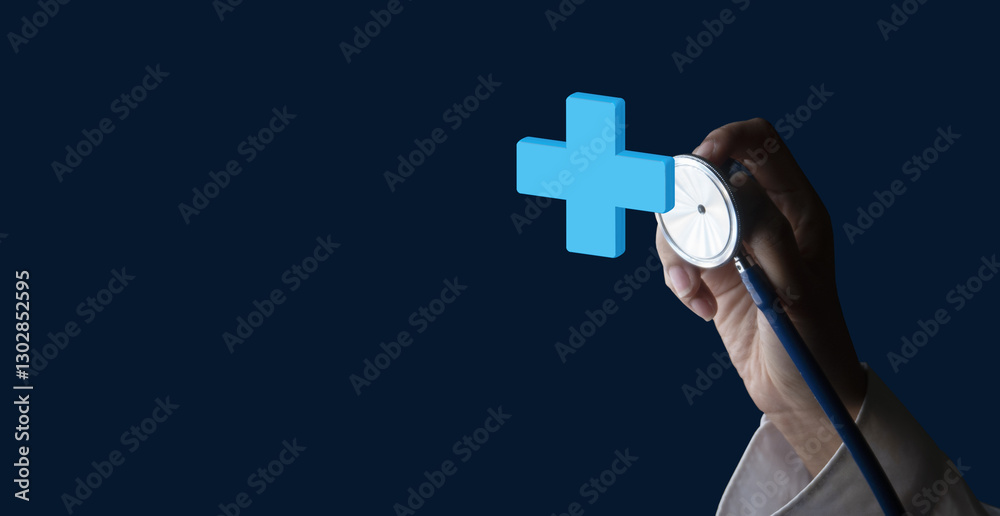 Medicine doctor and stethoscope in hand touching icon medical
