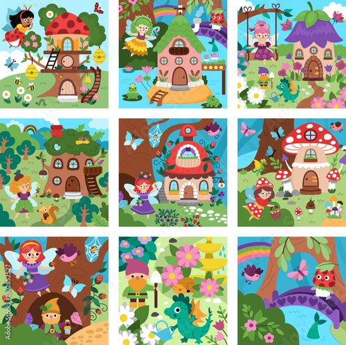 Vector square fairyland backgrounds set. Cute fairy land landscape collection. Woodland scenery with magic princess, trees, treehouse, animals. Fantasy forest scene illustration. Fairytale picture