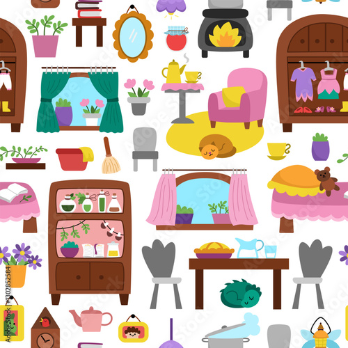 Vector acorn fairy house seamless pattern. Repeat background with woodland princess home decor items. Fantasy forest cottage texture. Magic fairytale treehouse digital paper with furniture