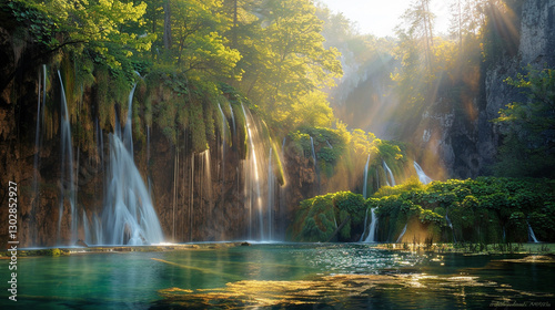 Sunrise at the Plitvice Lakes National Park, Croatia, cascading waterfalls