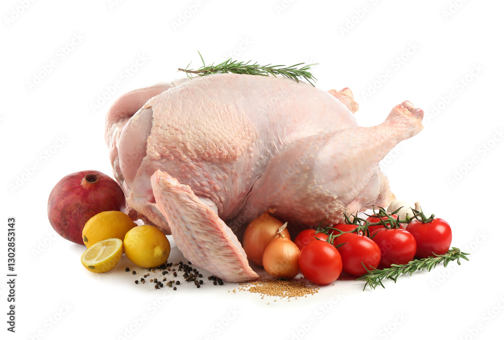 Whole raw turkey and ingredients isolated on white Whole raw turkey and ingredients isolated on white