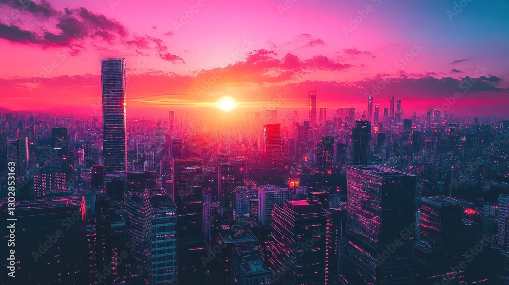 Fototapeta premium Vibrant Cityscape Sunset: A breathtaking aerial view of a futuristic metropolis bathed in the warm glow of a setting sun