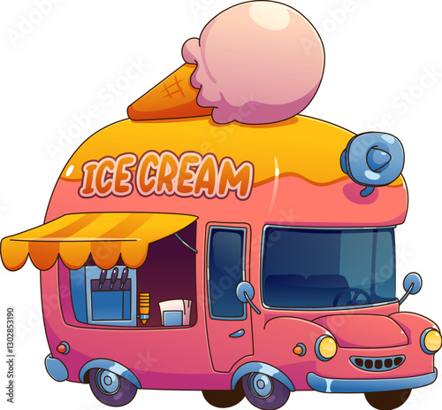 Ice cream food truck car, festival street foodtruck van with a giant icecream cone on top and loudspeaker. Cartoon vector retro vehicle with for summer dessert sales, street food, and festive events