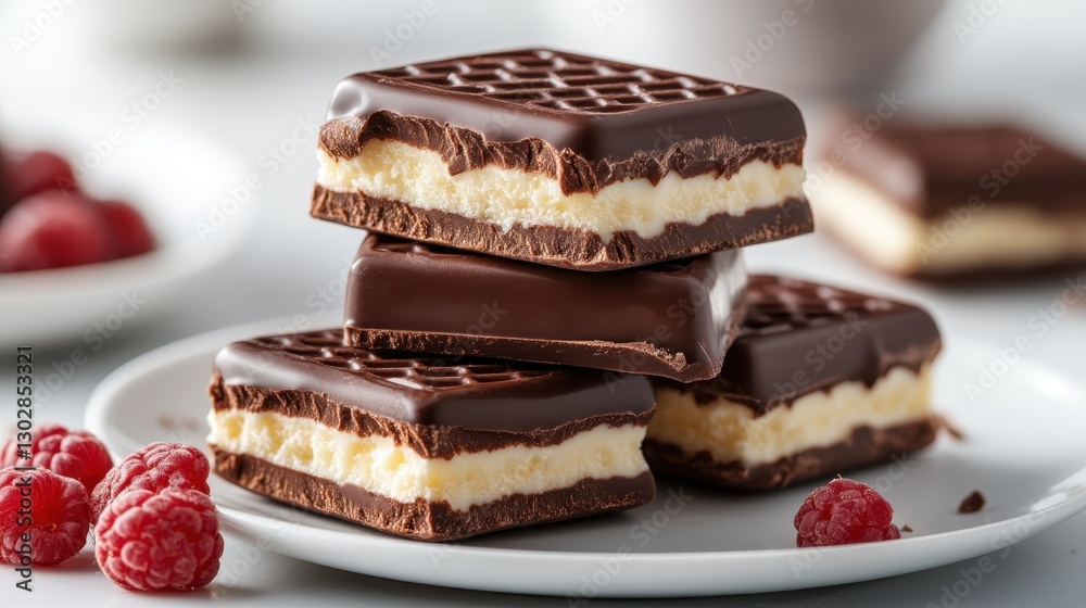 A stack of sumptuous chocolate layered bars with creamy filling accompanied by fresh raspberries offers a delightful contrast of flavors and textures for dessert enthusiasts. A stack of sumptuous chocolate layered bars with creamy filling accompanied by fresh raspberries offers a delightful contrast of flavors and textures for dessert enthusiasts.