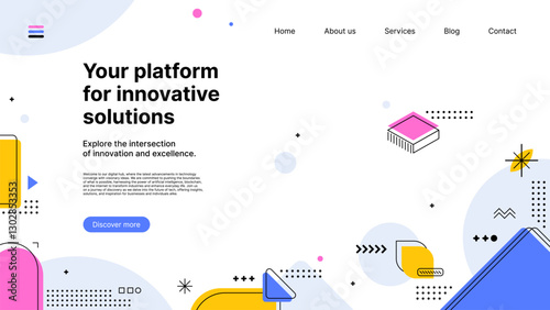 Abstract modern Memphis landing page with abstract shapes. Vector website template with geometric figures. Business web banner for user friendly online experience, official interface with menu bar