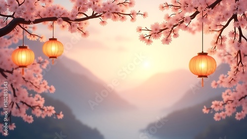 Serene Sunset Landscape with Cherry Blossoms and Lanterns