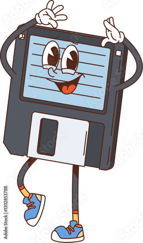 Cartoon groovy computer diskette retro character. Isolated vector vintage anthropomorphic floppy disk personage with happy face, wearing sneakers, standing with a cheerful pose and nostalgic y2k vibe
