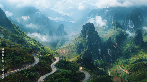 Towering karst formations at the Ha Giang Loop, Vietnam, lush valleys