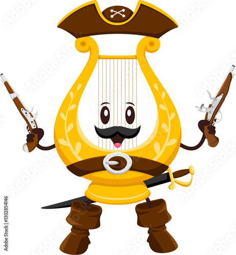 Cartoon groovy musical instrument pirate or harp corsair, vector character. Groovy harp as Caribbean pirate captain in tricorn hat with funny face and pistol gun for music instrument cartoon character