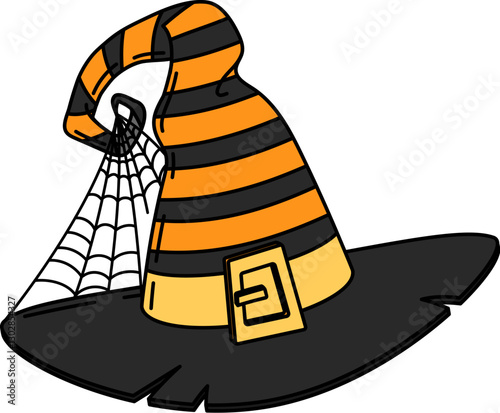Halloween witch hat with spiderweb for horror holiday party, vector groovy cartoon symbol. Halloween witch hat of spooky hex or evil hag fairy with cobweb, stripes and buckle for spooky holiday symbol