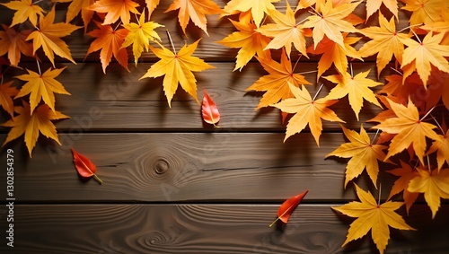 Autumnal Maple Leaves on Wooden Background
