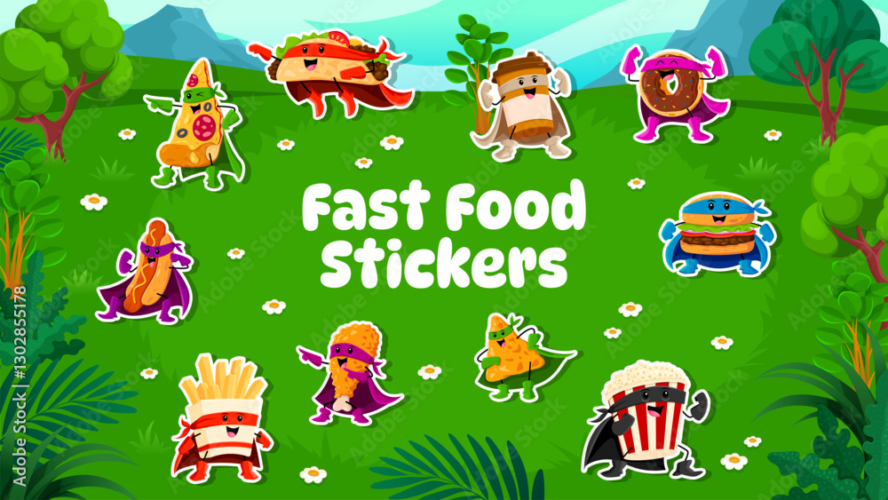 Obraz premium Cartoon fast food superhero characters stickers pack, vector comic personages. Funny cheeseburger superhero with taco superman and donut defender with popcorn and fries guardian in power mantle