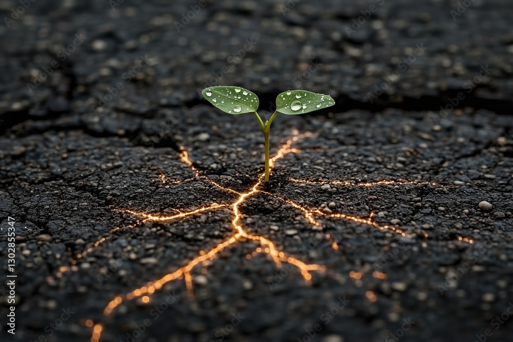 A tiny green sprout breaking through dark, cracked soil A tiny green sprout breaking through dark, cracked soil