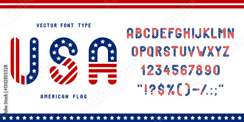 American flag font, USA patriotic typeface, red blue and white type, United States english alphabet, Independence Day vector typography. Stars and stripes american flag font letters and numbers