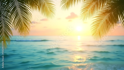 Tropical Sunset Paradise: Palm Trees Frame a Serene Ocean Vista