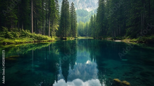 Tranquil nature scene featuring lush greenery and organic reflections in a serene lake mountainous forest environment
