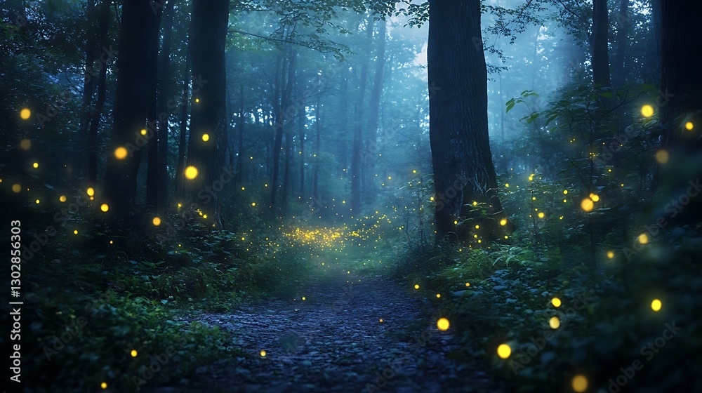 Fototapeta premium Enchanting fireflies dance in lush greenery organic forest pathway natural evening glow serene environment