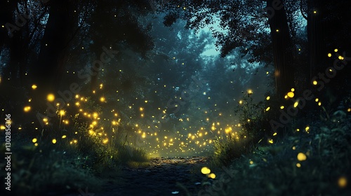Lush greenery with fireflies enchanted forest nighttime photography organic environment serene viewpoint