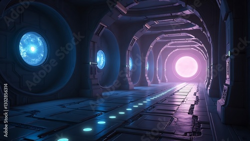 Futuristic Spaceship Corridor: A Journey Through Neon Lights and Galactic Wonders